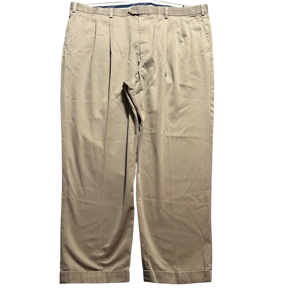 VTG Ralph Lauren Chino Trousers Mens 46/29 Tan Khaki Pleated Cuffed Cotton Pant